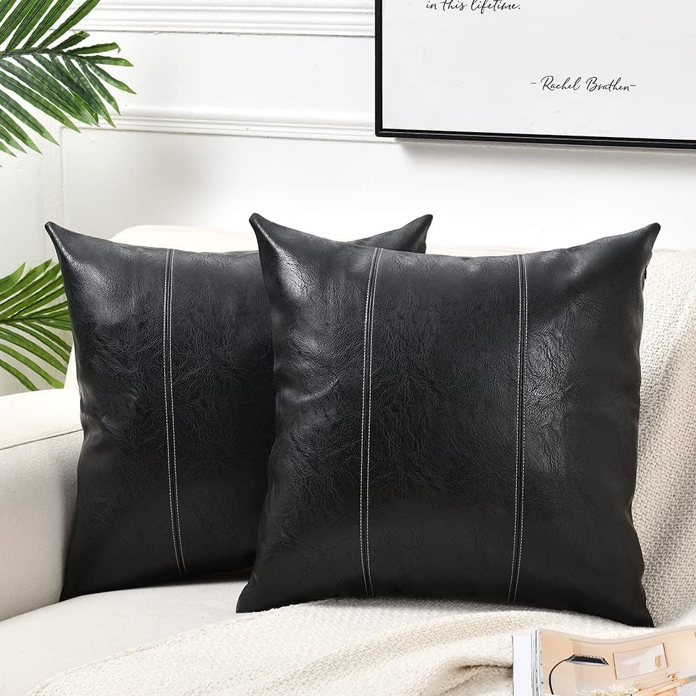 2 Packs Black Boho Faux Leather Decorative Throw Pillow Covers 16X16 Inch for Living Room Couch Bed Sofa, Rustic Modern Farmhouse Home Decor, Hand Stitched Square Cushion Case 40X40 Cm