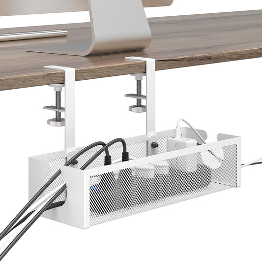 under Desk Cable Management Tray with 2 Open Holes - Metal Mesh Wire Management with F-Clamp, No Drill Cord Organizer, Home Office Cable Tray under Desk Storage & Accessories, 1 Pack, White
