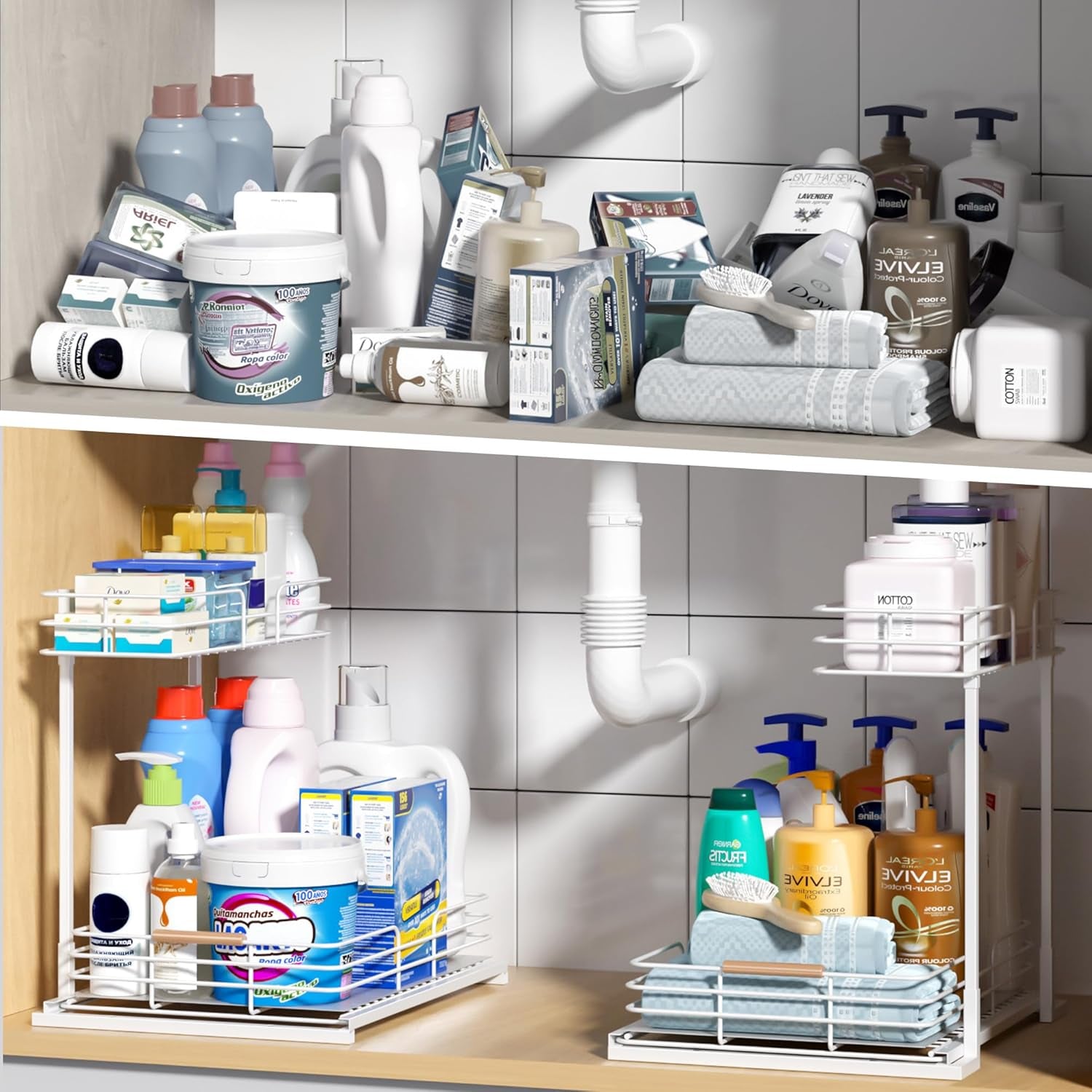 under Sink Organizers and Storage, Pull Out Bathroom Kitchen Cabinet Organizers and Storage, 2-Tier White under Sink Shelf Organizer under Counter Storage Organizer