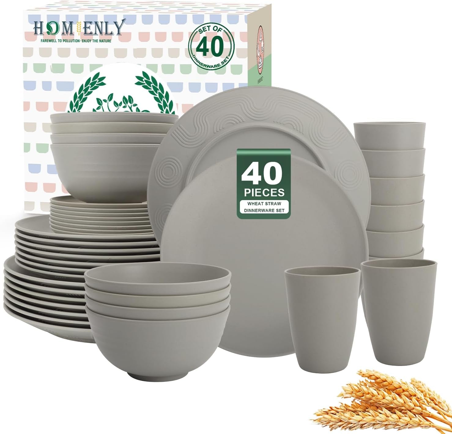 40-Piece Grey Wheat Straw Dinnerware Set, Durable and Non-Breakable Tableware for 8, Microwave, Dishwasher, and Freezer Safe