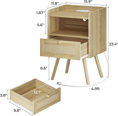 Set of 2 Nightstands with Charging Station and PE Rattan Decor Drawer, Solid Wood Feet, Suitable for Bedroom and Living Room - Natural Finish