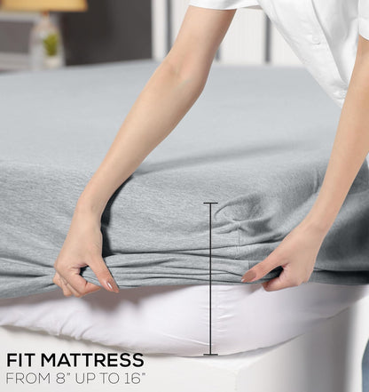 Queen Sheet Set - Jersey Knit Sheets 4 Piece – Cotton – Soft T-Shirt Stretchy Sheets (Heather Light Grey)