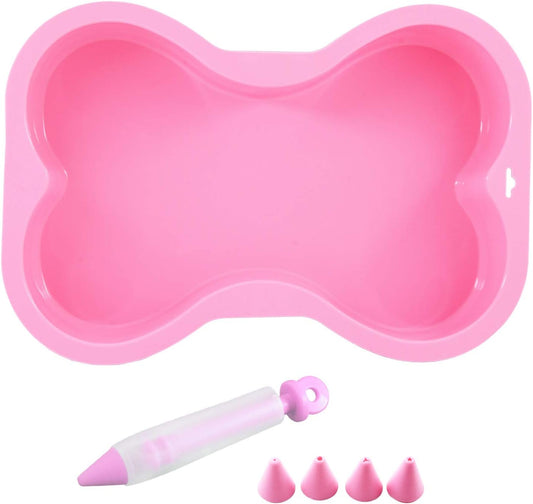 Dog Birthday Cake Mold Silicone Bone Shape Cake Pan with Decorating Pen (Pink, 10")