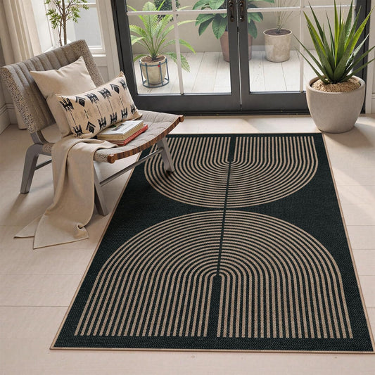 Modern Rainbow Easy Jute Outdoor Patio Rug, 3X5 Black Washable Rugs for Entryway Office Farmhouse Classroom Carpet, Contemporary Non Slip Front Door Mat for Porch Guestroom Room Decor