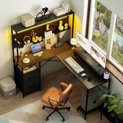 L Shaped Desk with Pegboard, Reversible Computer Desk with Drawers & Storage Shelves, Gaming Desk with LED Lights & Power Outlets, Office Desk with Monitor Stand Corner Desk Home Office Desks