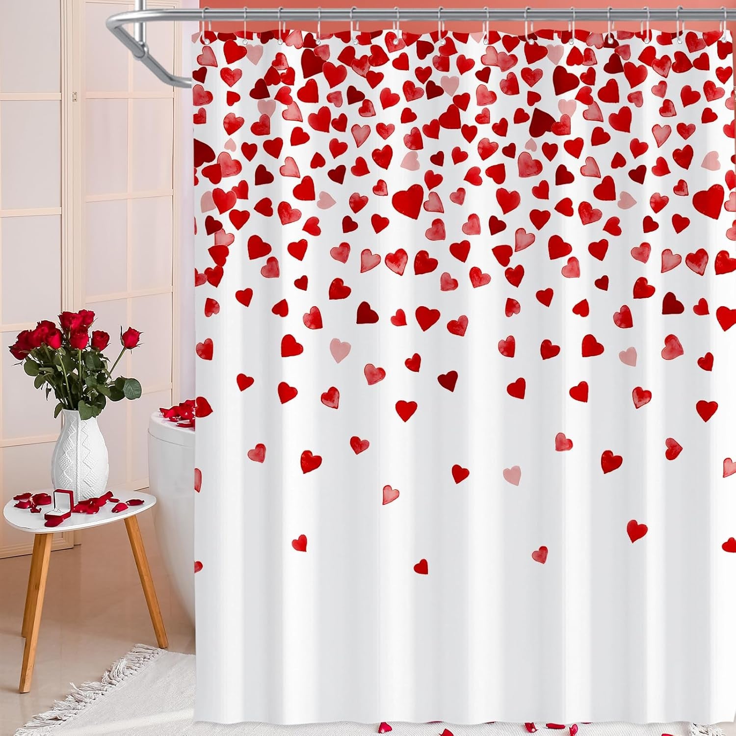 71 X 71 Inches Valentines Day Shower Curtain Top with Pink and Red Love Heart Romantic Bathroom Curtain Waterproof Polyester Curtain Hooks Set for Valentine'S Day Bathroom Decorations