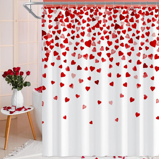 71 X 71 Inches Valentines Day Shower Curtain Top with Pink and Red Love Heart Romantic Bathroom Curtain Waterproof Polyester Curtain Hooks Set for Valentine'S Day Bathroom Decorations