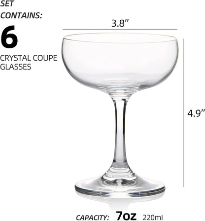 Set of 6 Elegant Crystal Coupe Glasses, 7 Ounce (220ml) - Short Stem Design for Champagne and Sweet Wine