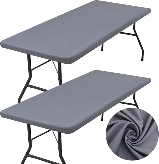 2 Pack Rectangle Table Cloth, Elastic Fitted Fabric Tablecloth Fits for 5 Foot Folding Tables, Washable Table Cover for Picnic, Camping, Indoor & Outdoor (Grey, 30" X 60")