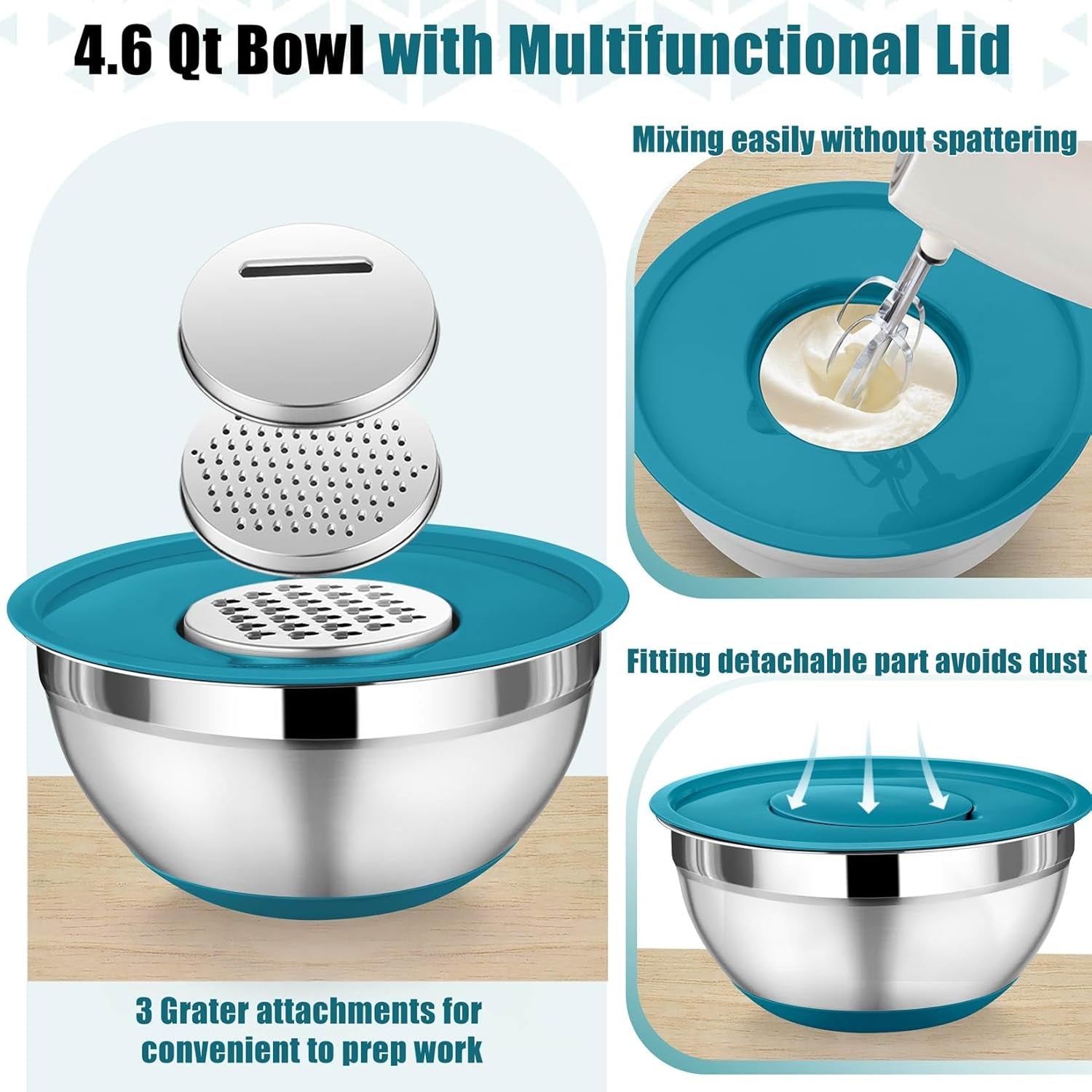 Mixing Bowl with Lid Set, 5 Piece Stainless Steel Mixing Nesting Bowls for Salad Storage, 3 Grater Attachments & Non-Slip Bottoms, Size 1/1.5/2 / 2.6/4.6 QT, Blue