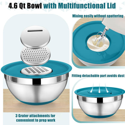 Mixing Bowl with Lid Set, 5 Piece Stainless Steel Mixing Nesting Bowls for Salad Storage, 3 Grater Attachments & Non-Slip Bottoms, Size 1/1.5/2 / 2.6/4.6 QT, Blue