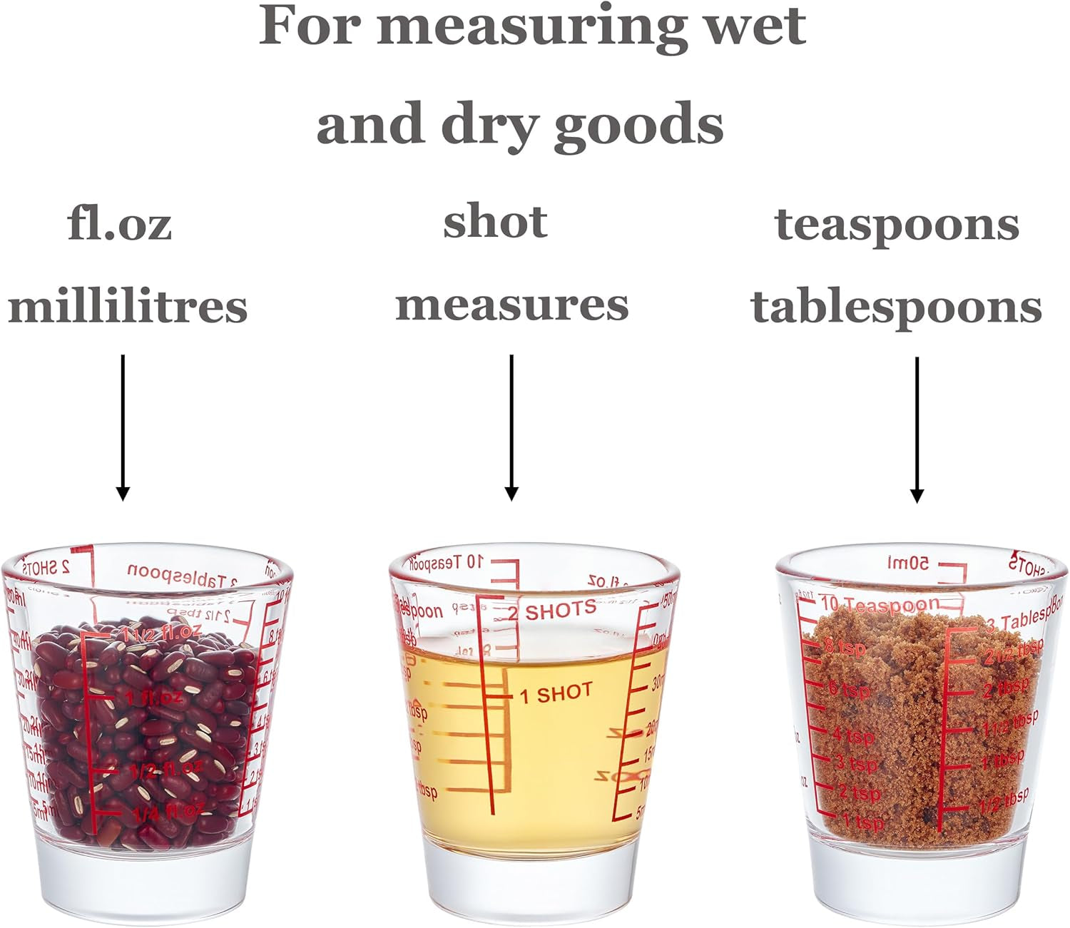Ackers Mini Measure Heavy Glass, 32-Incremental Measurements Multi-Purpose Liquid and Dry Measuring Shot Glass, Red Single