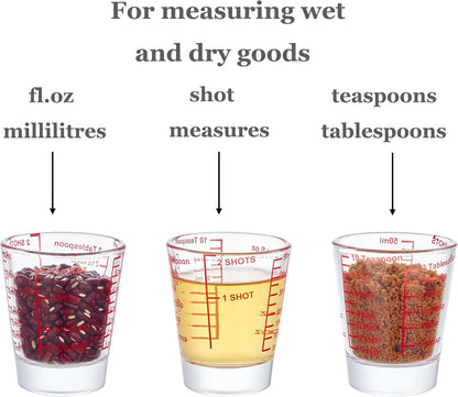 Ackers Mini Measure Heavy Glass, 32-Incremental Measurements Multi-Purpose Liquid and Dry Measuring Shot Glass, Red Single
