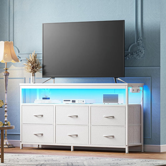Modern LED TV Stand for Bedroom - 47 Inch Dresser with Storage for 43, 50, and 55 Inch TVs, White Entertainment Center with Power Outlets and 6 Drawer Fabric Dresser for Living Room