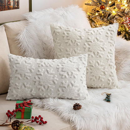 Christmas Snowflake Decorative Throw Pillow Covers Set of 2,Soft Fluffy Faux Wool Winter Holiday Couch Pillows for Farmhouse Boho Home Decor Sofa Bed Porch Living Room 18X18 Inch Cream White