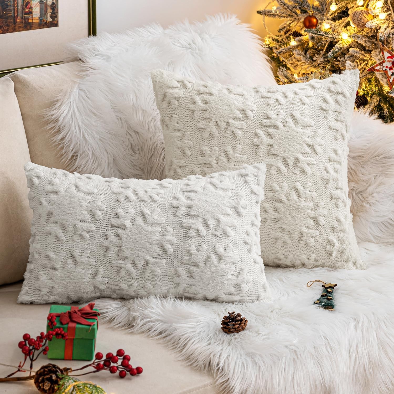 Christmas Snowflake Decorative Throw Pillow Covers Set of 2,Soft Fluffy Faux Wool Winter Holiday Couch Pillows for Farmhouse Boho Home Decor Sofa Bed Porch Living Room 18X18 Inch Pure White