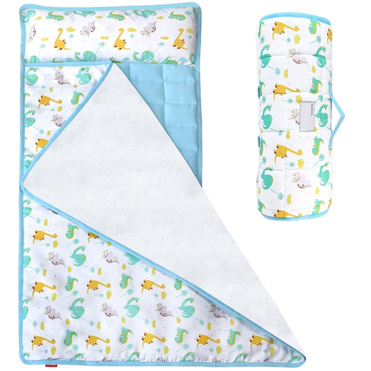Nap Mat for Toddlers Dinosaur and Fleece Minky Blanket, Lightweight Perfect for Kids Preschool, Daycare, Travel Sleeping Bag Boys Girls, 21" X 50" Fit on a Standard Cot