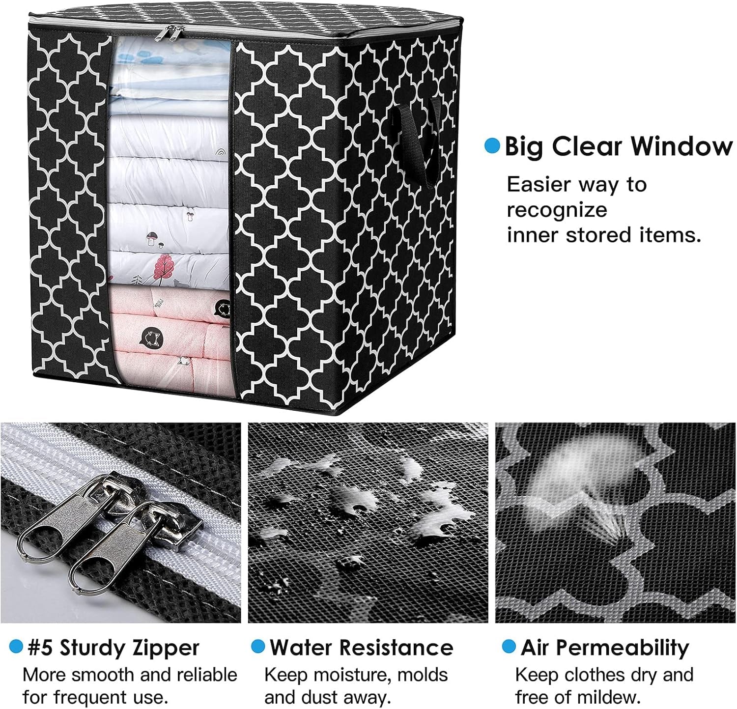 Storage Bags [3 Pack/100L] Large Blanket Clothes Organization and Storage Containers for Comforters,Bedding, Foldable Organizer with Reinforced Handle, Clear Window, Sturdy Zippers,Black