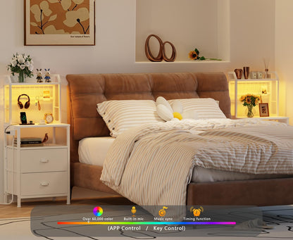 40'' Tall Nightstand with Charging Station, Bedside Table with LED Lights, End Table with 2 Drawers and Storage Shelves, Night Stand with Pegboard for Bedroom, White