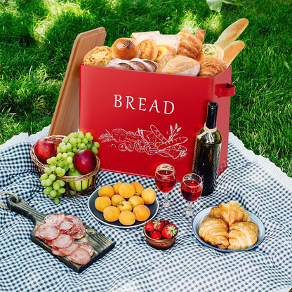 Bread Box for Kitchen Counter, Metal Bread Storage Bin with Wooden Cutting Lid, Large Capacity for Holding 2+ Loaves, Retro Modern Style, Size 13” X 7.2” X 9.7”, Red
