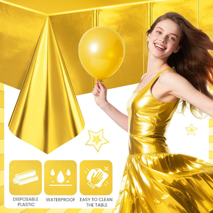 Bright Gold Metallic Foil Tablecloth Set - Elegant Matte Finish, Durable and Easy to Clean - Ideal for Bachelorette, Birthday, Wedding, and Anniversary Celebrations