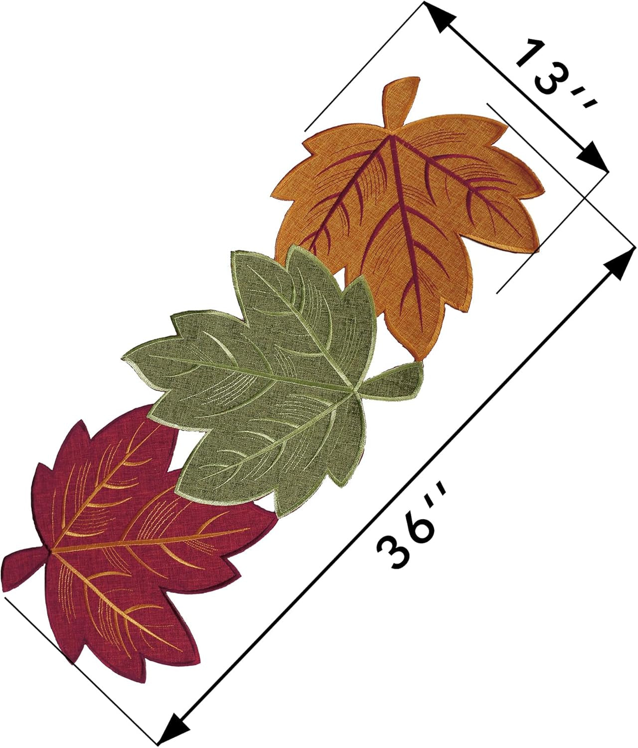 Thanksgiving Leaves Table Runners, Fall Decor for Home, 13 Inch X 36 Inch, Embroidered Harvest Maple Leaf Decoration for Autumn, Farmhouse Centerpieces with Applique Red Green Orange Leaves
