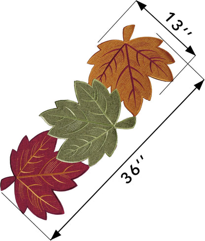Thanksgiving Leaves Table Runners, Fall Decor for Home, 13 Inch X 36 Inch, Embroidered Harvest Maple Leaf Decoration for Autumn, Farmhouse Centerpieces with Applique Red Green Orange Leaves