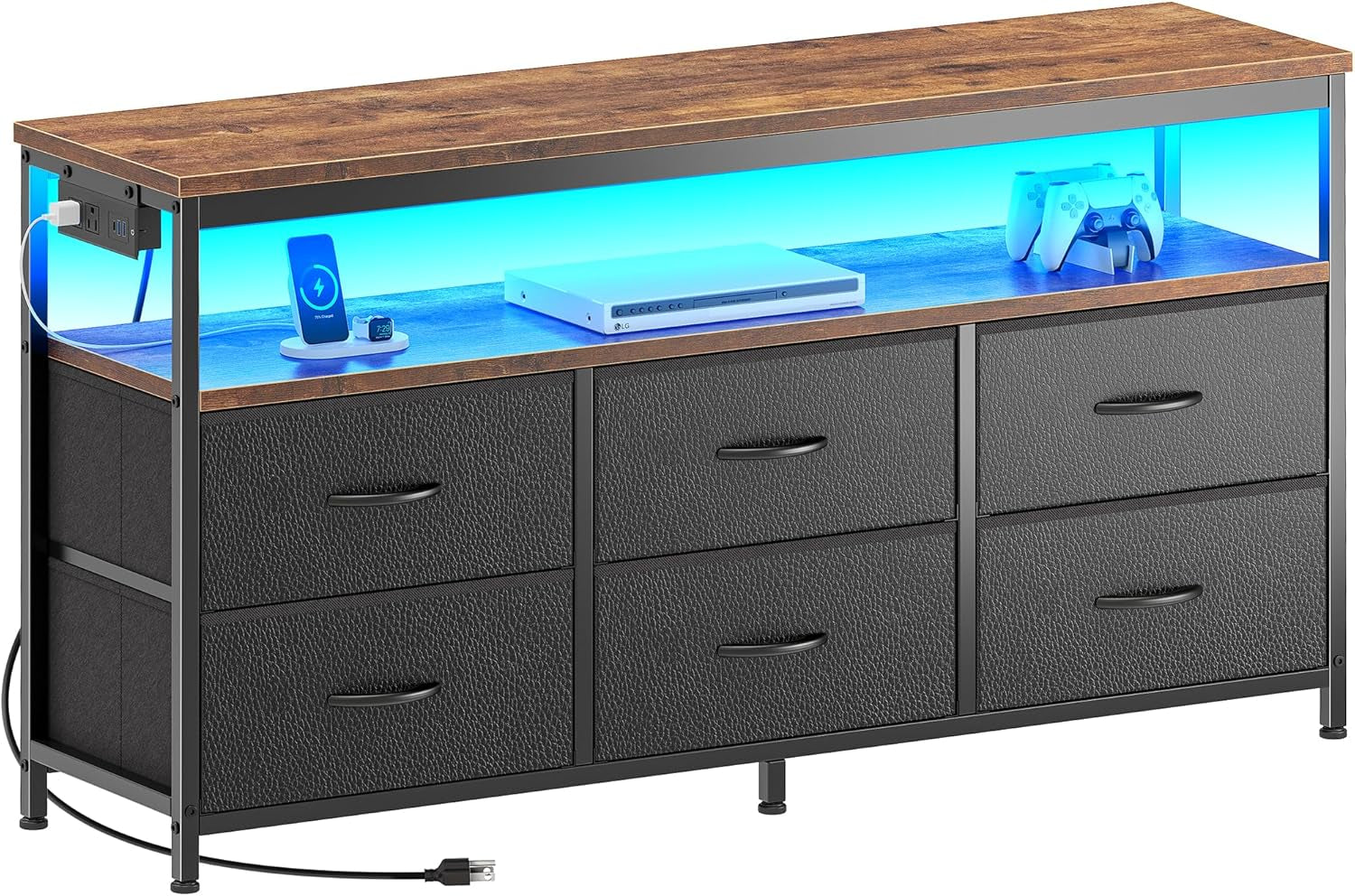 Rustic Black LED TV Stand with Storage for 43 to 55 Inch TVs, 47 Inch Dresser Entertainment Center Featuring Power Outlets and 6 Drawer Fabric Dresser for Living Room
