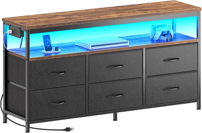 Rustic Black LED TV Stand with Storage for 43 to 55 Inch TVs, 47 Inch Dresser Entertainment Center Featuring Power Outlets and 6 Drawer Fabric Dresser for Living Room