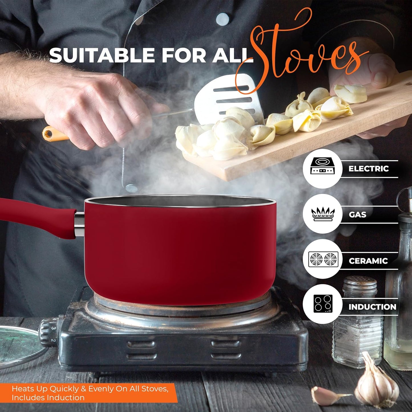 Detachable Handle Nonstick Saucepan with Glass Lid, Multipurpose Use for Home, Kitchen or Restaurant (Red)