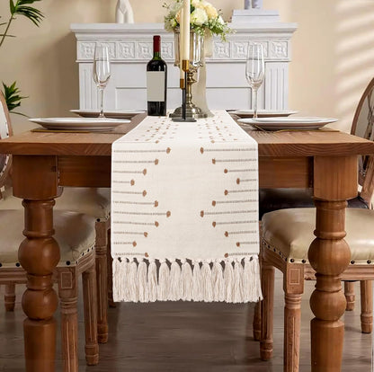 13 X 60 Inches Long Boho Table Runner with Tassels for Dining Room Kitchen Home Farmhouse Coffee Table Décor, Thanksgiving Christmas Decor, Modern Neutral Table Runners