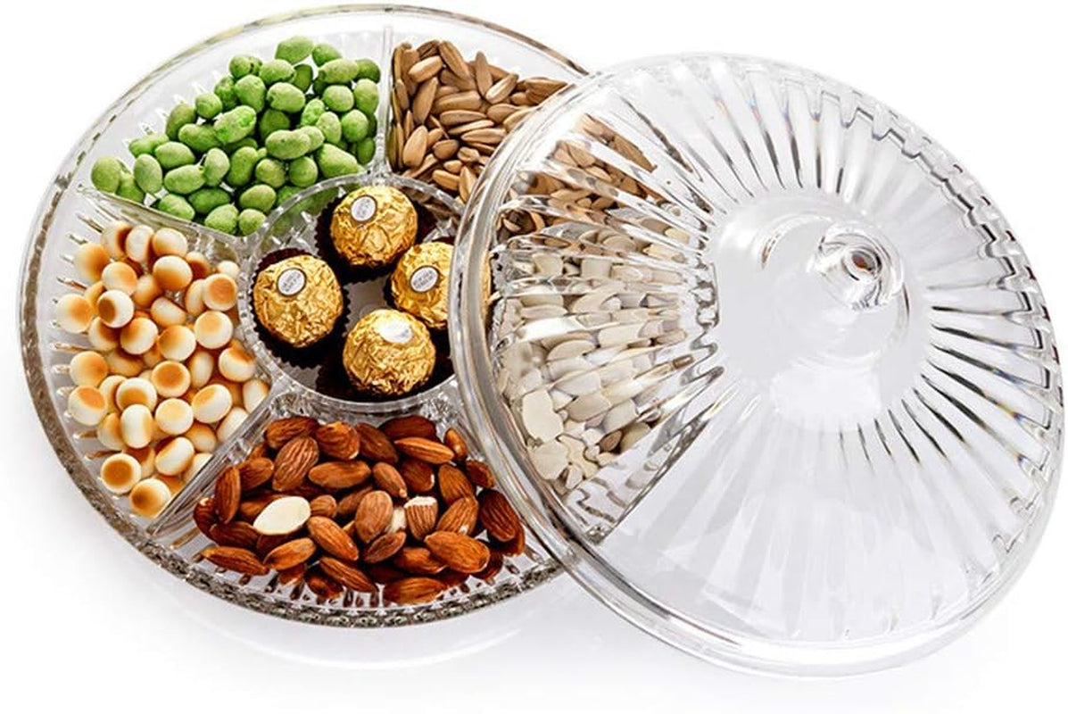 Creative Acrylic Multifunctional Party Snack Tray with Lid,Serving Dishes for Dried Fruits Nuts Candies Fruits,6-Compartment (Round)