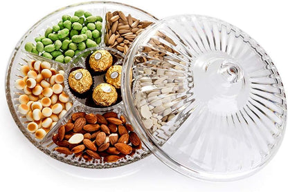 Creative Acrylic Multifunctional Party Snack Tray with Lid,Serving Dishes for Dried Fruits Nuts Candies Fruits,6-Compartment (Round)