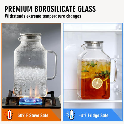 1 Gallon Square Glass Pitcher with Lid and Spout, Water Pitchers with Handle for Fridge, Borosilicate Glass Carafe for Hot/Cold Drink,Extra Large Jug for Iced Tea, Coffee,Juice,Beverage, Clear