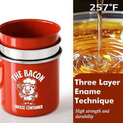 Mini Bacon Grease Saver with Strainer - 15OZ Enamel Grease Container, Farmhouse Bacon Grease Keeper for Kitchen Fat Storage, Dishwasher Safe-Red