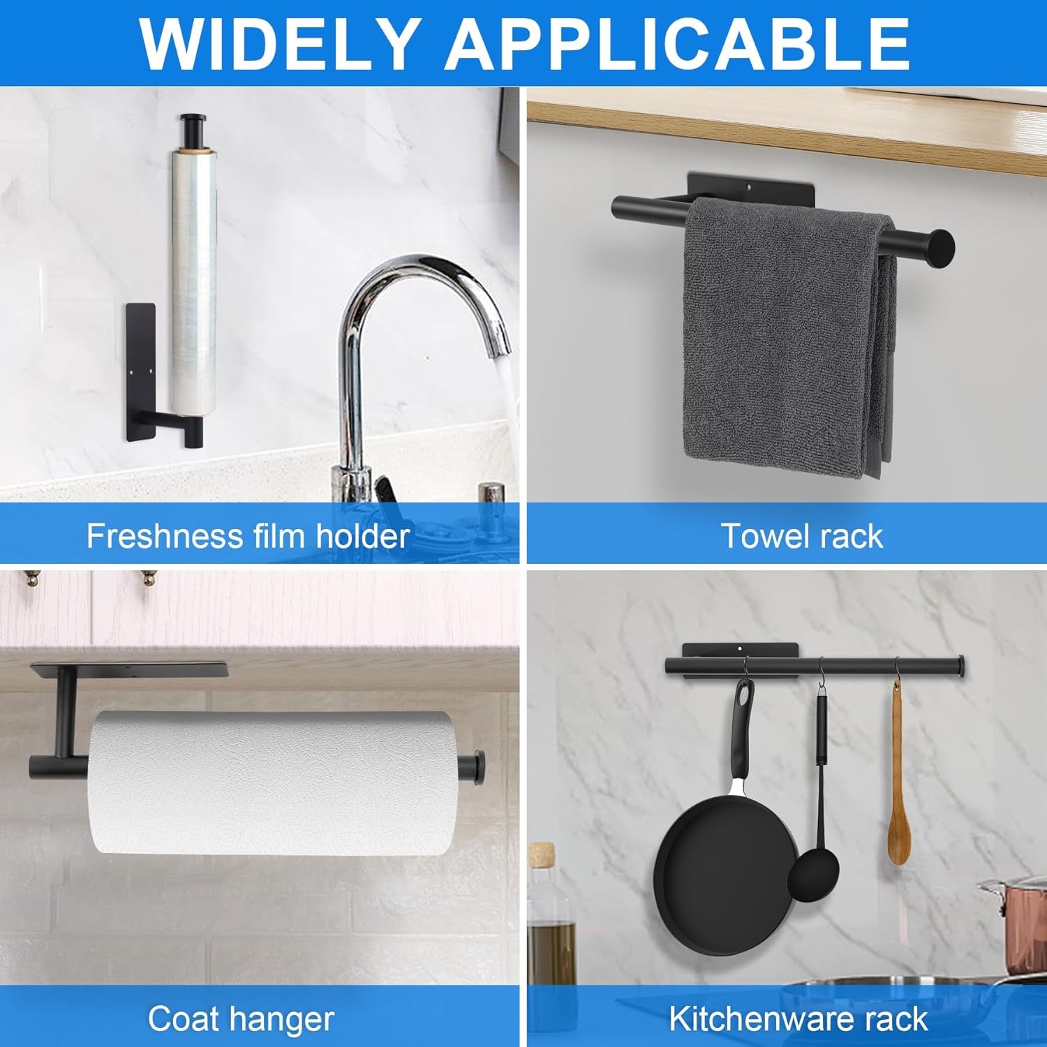 Under Cabinet Paper Towel Holder, Stainless Steel Adhesive or Drill Mount Paper Towel Holder, Wall Mount Paper Towel Holders for Kitchen or Bathroom Black（2 Pack）