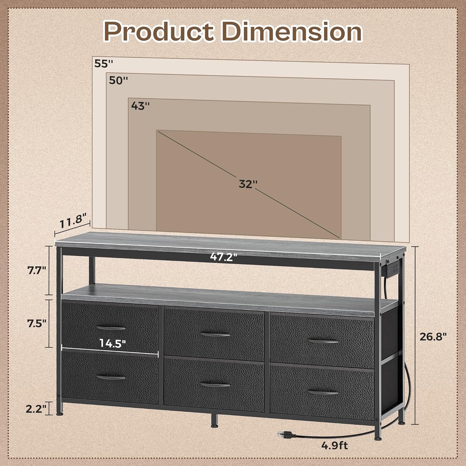 LED TV Stand with Storage for Bedrooms and Living Rooms, 47-Inch Entertainment Center for 43, 50, and 55-Inch TVs, Grey and Black Design with Power Outlets and 6 Drawer Fabric Dresser