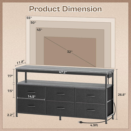 LED TV Stand with Storage for Bedrooms and Living Rooms, 47-Inch Entertainment Center for 43, 50, and 55-Inch TVs, Grey and Black Design with Power Outlets and 6 Drawer Fabric Dresser