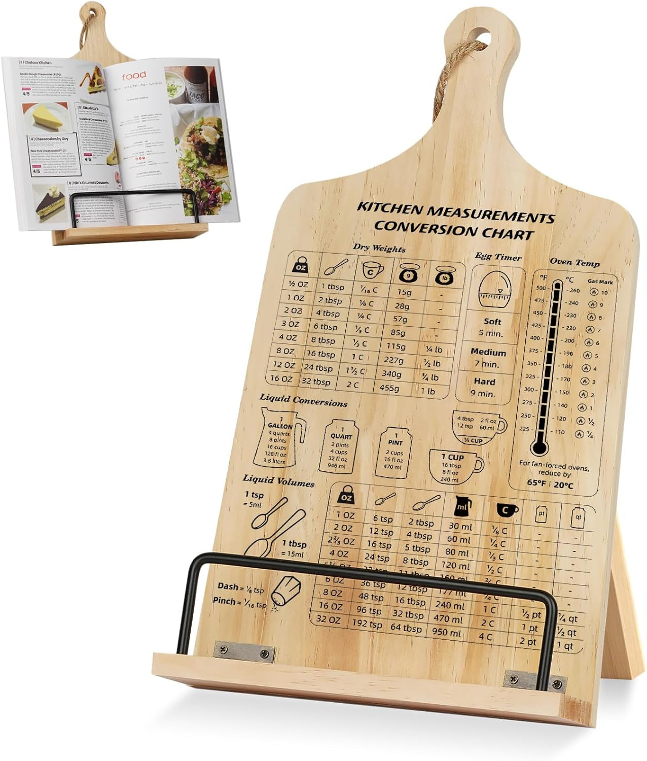 Kitchen Conversion Chart Cookbook Stand, Sturdy Wood Cook Book Holder, Recipe Cookbook Holder Stand with Kitchen Counters, Kitchen Baking Gifts for Women, Accessiores for Holding Cookbook