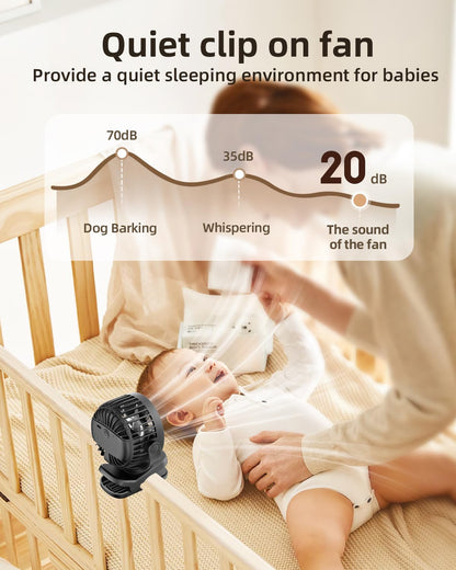 Mini Clip on Fan, Battery Operated Desk Fan, Digital Display，3 Speeds Adjustable, Bidirectional 360 ° Adjustable, Super Strong Wind, Portable Fan for Home Office Stroller Camping Black