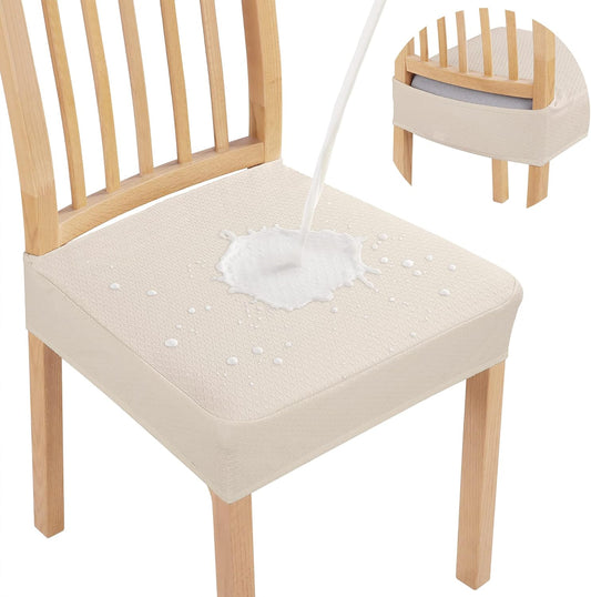 Set of 4 Waterproof Stretch Jacquard Removable and Washable Dining Room Chair Seat Covers, Beige