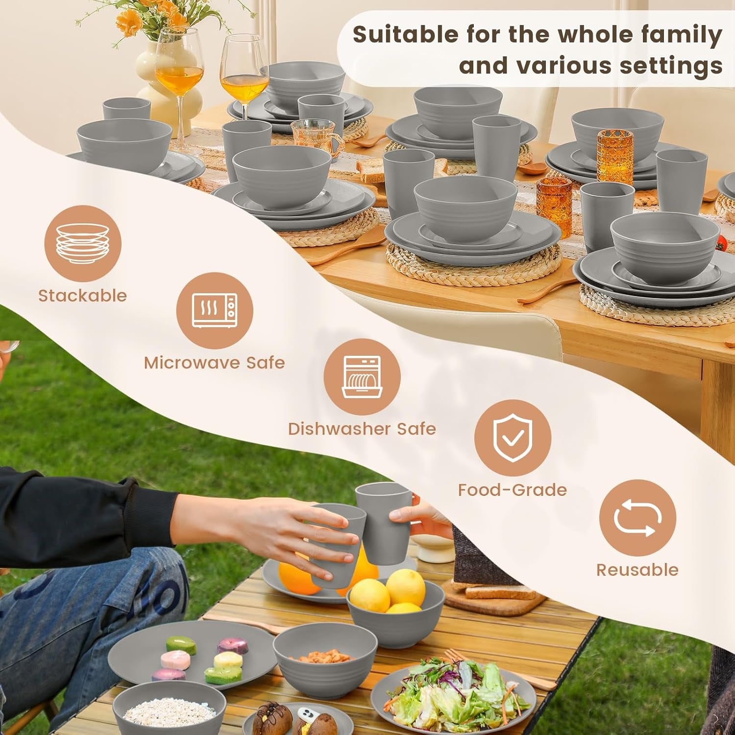 40-Piece Grey Wheat Straw Dinnerware Set, Durable and Non-Breakable Tableware for 8, Microwave, Dishwasher, and Freezer Safe