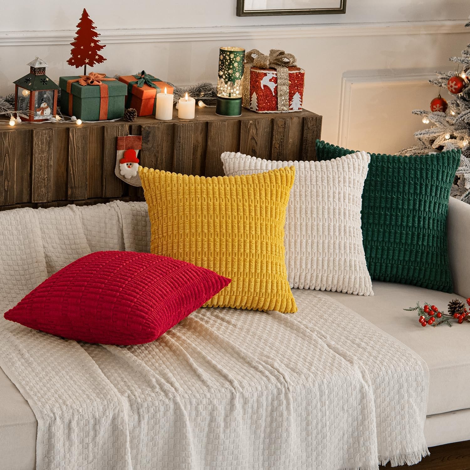 Pack of 4 Boho Farmhouse Dark Green and Yellow Corduroy Decorative Throw Pillow Covers 18X18 Inch Retro Soft Striped Pillow Covers Home Decor for Sofa Living Room Couch Bed
