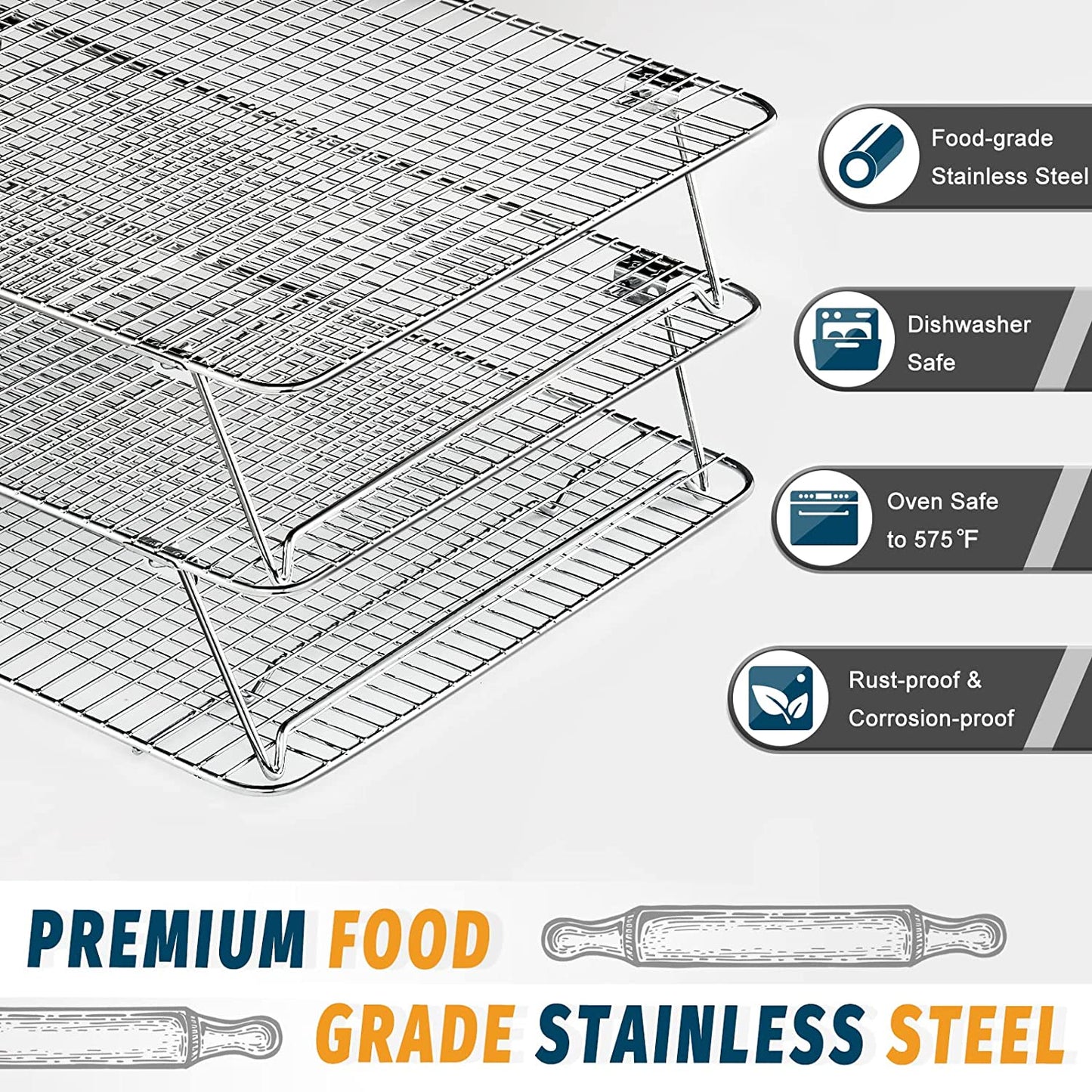 Stainless Steel Stackable Cooling Rack for Baking, 3 Tier 12”X 16.5”,Oven & Dishwasher Salf and Fit Half Sheet,Wire Cooling Racks for Cookie, Pizza, Cake