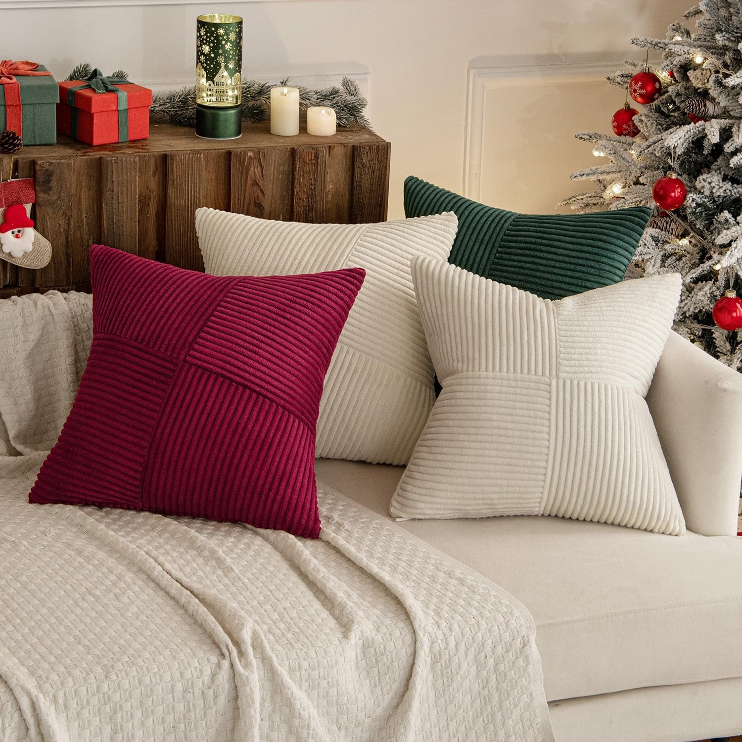 Christmas Burgundy Corduroy Pillow Covers Pack of 2 Boho Decorative Spliced Throw Pillow Covers Soft Solid Couch Pillowcases Cross Patchwork Cushion Covers for Living Room Bed Sofa 18X18 Inch