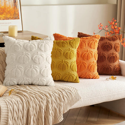 Fall Throw Pillow Covers 18X18 Set of 2 Autumn Decorations Beige Pumpkin Accent Pillowcase for Sofa Couch Porch Bed Living Room Soft Plush Faux Fur Halloween Farmhouse Home Decor