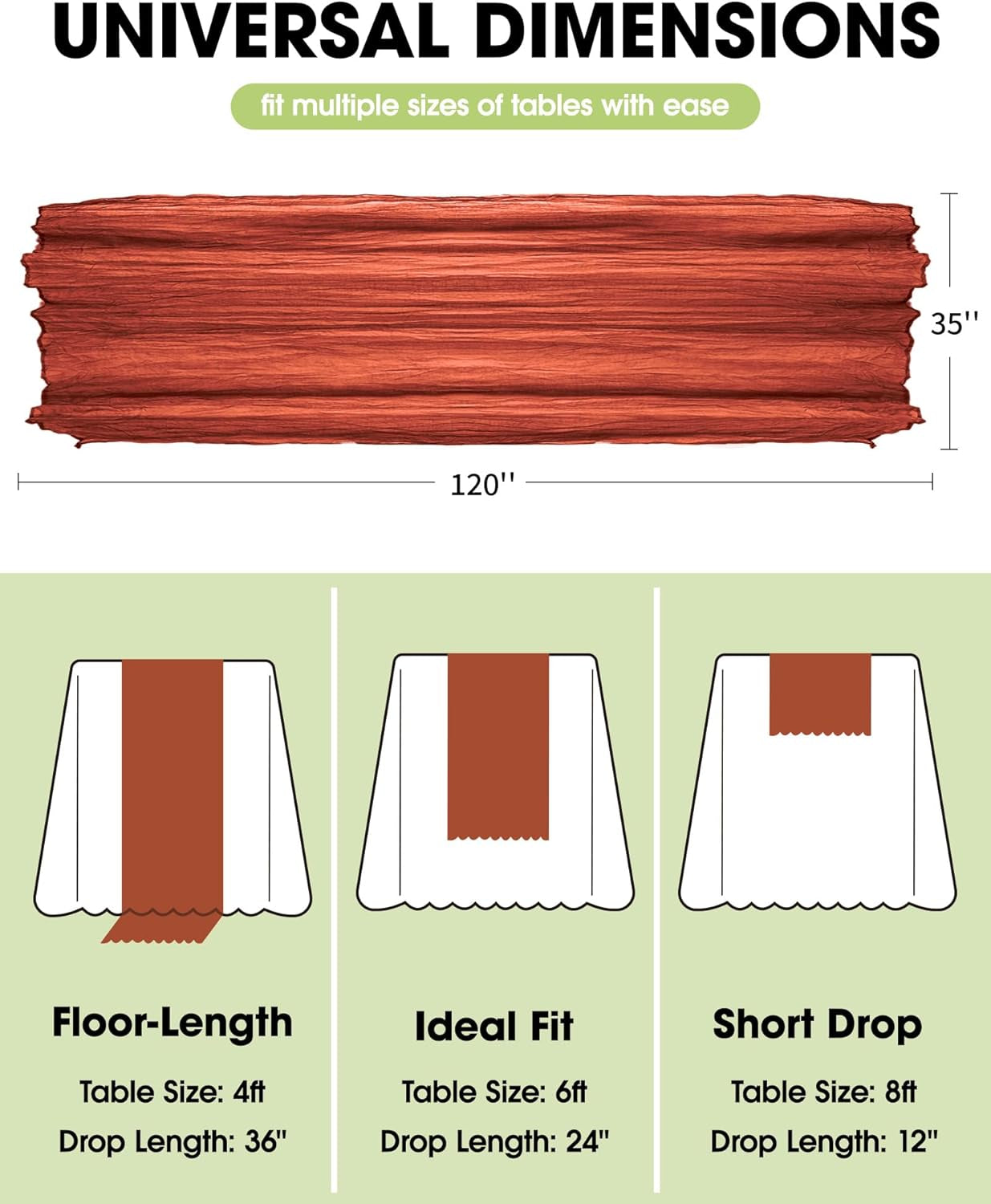 2-Pack Fall Thanksgiving Table Runner, 120'' Boho Table Cloth Decorations for Party, Baby Shower, Wedding and Farmhouse, Fabric Room Decor, Rust, Terracotta