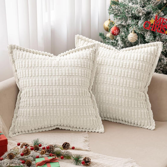 Pure White Corduroy Decorative Throw Pillow Covers Pack of 2 Soft Striped Pillows Pillowcases with Broad Edge Modern Winter Cute Boho Home Decor for Couch Sofa Bed 18X18 Inch