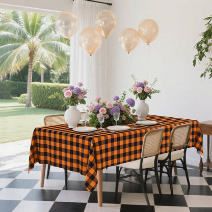 3 Packs Gingham Disposable Table Cloth, 54 X 108 Inch Waterproof Plastic Tablecloth, Rectangle Black and Orange Checkered Table Covers for Picnic, Birthday, Party
