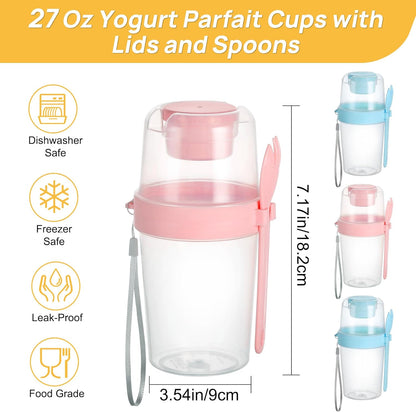 4 Pack 27Oz Yogurt Parfait Cups with Lids and Spoons, Overnight Oats Containers, Reusable Topping Compartment for Breakfast with Yogurt, Cereal or Oatmeal On-The-Go